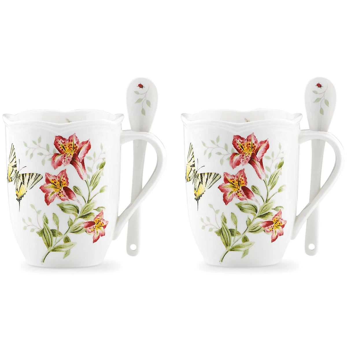 Lenox Butterfly Meadow Mugs With Spoons, Set Of 2 3 Lenox Butterfly Meadow Mugs With Spoons, Set Of 2