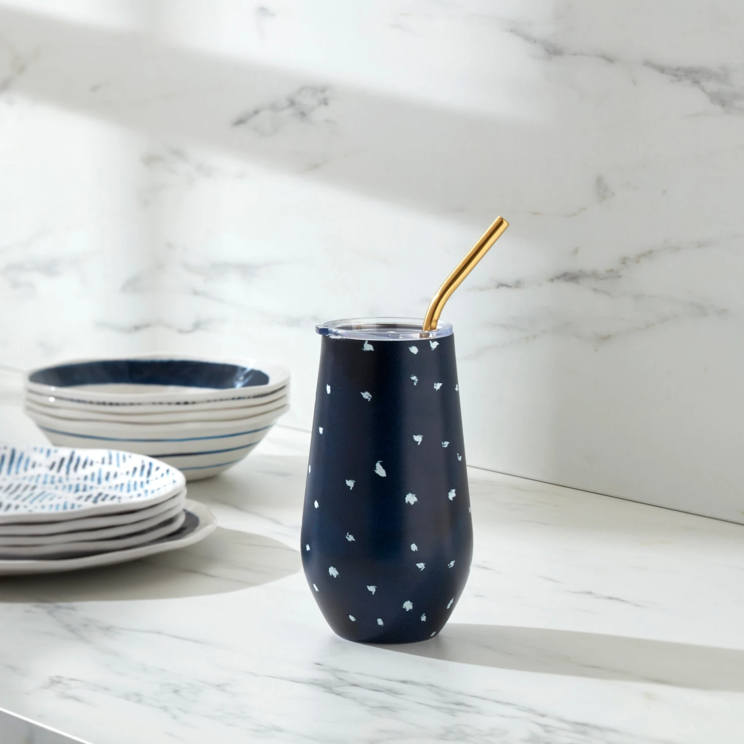 Lenox Blue Bay Dot Stainless Steel Wine Tumbler & Straw 4 Lenox Blue Bay Dot Stainless Steel Wine Tumbler & Straw - Image 2